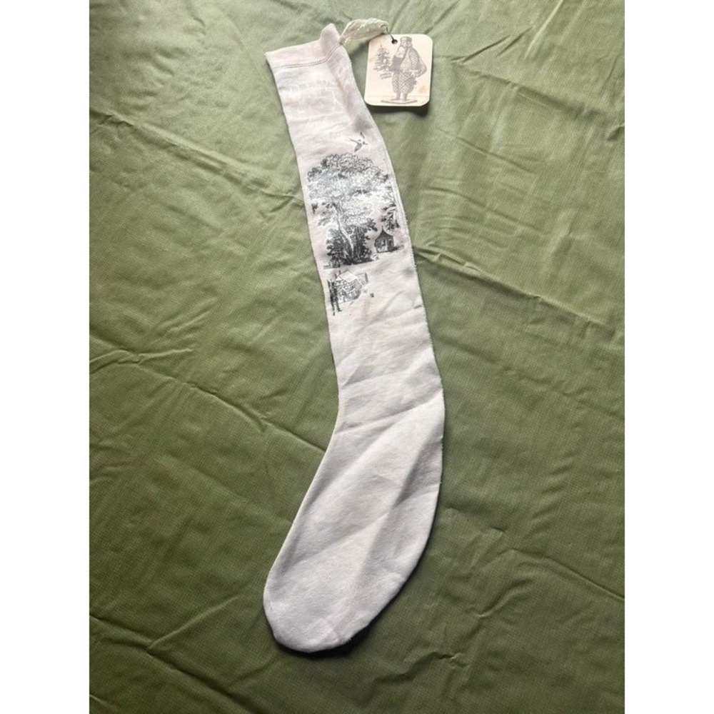 Vintage Handmade Damask Linen Christmas Stocking Country Scene Printed Hanging